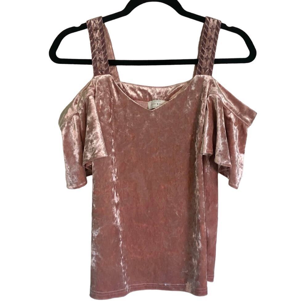 Lucky Brand Pink Crushed Velvet Cold Shoulder Top Embroidered Straps - Size XS